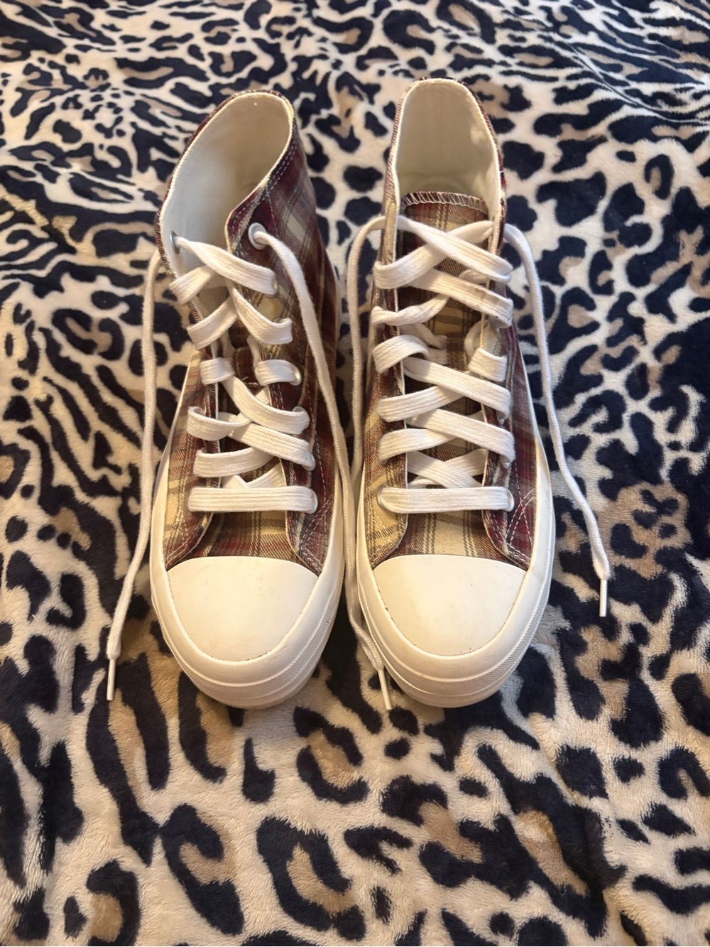 Plaid High-Top Sneakers in Brown and White